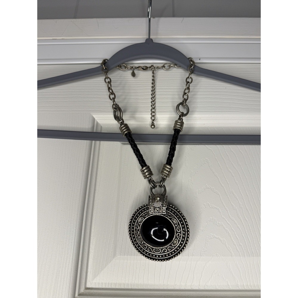 Chico's Silver Toned Black Onyx Leather‎ Statement Piece Necklace Western Boho